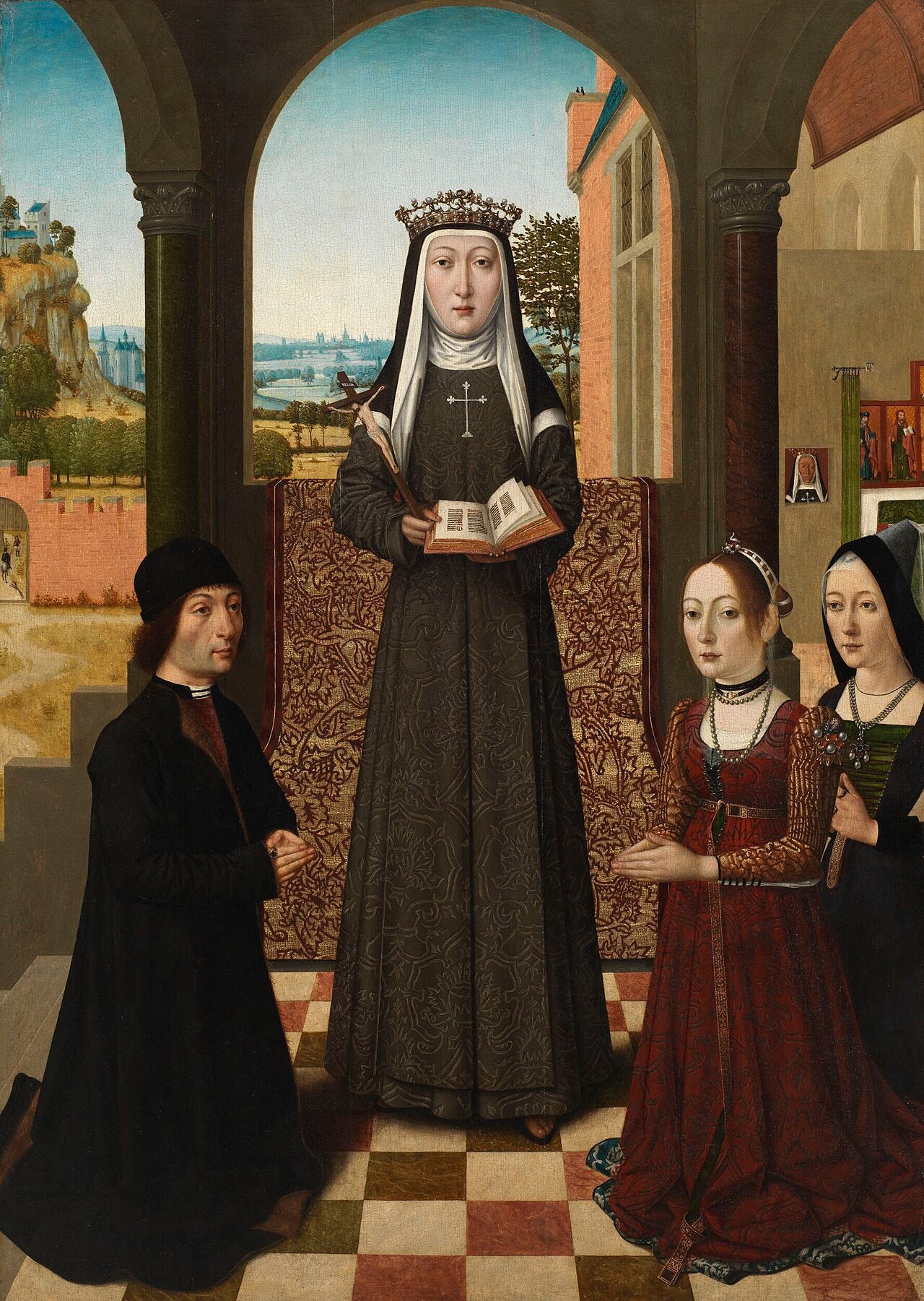 Pintura que representa a Santa Catalina de Bolonia junto a tres donantes.