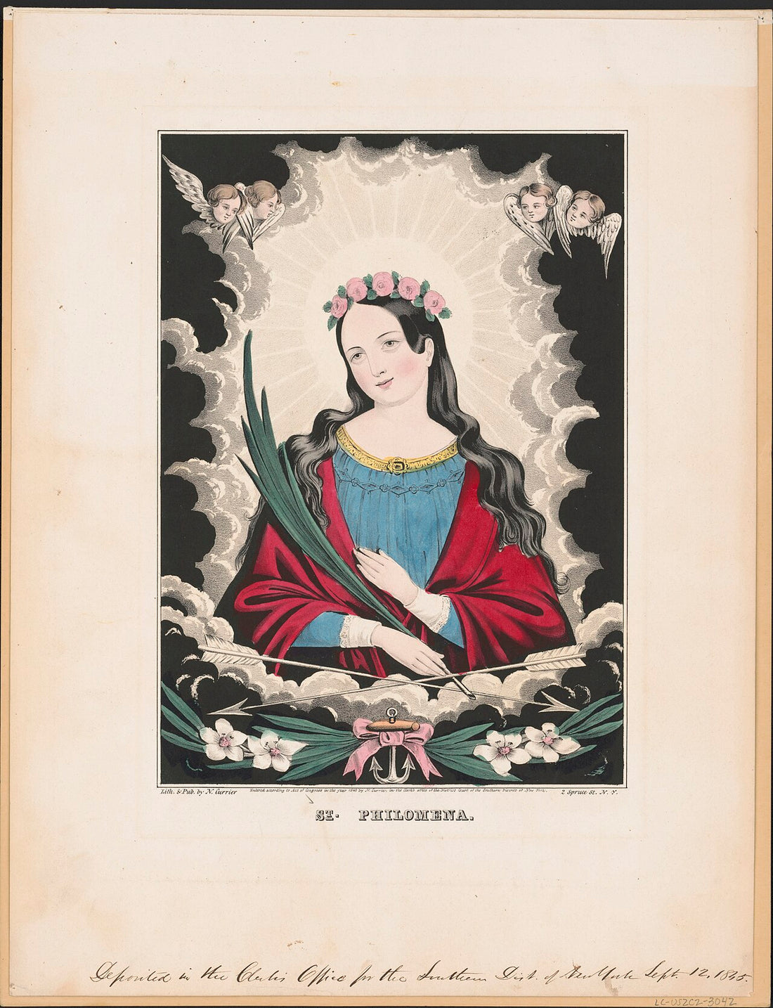 Litografía coloreada a mano que representa a Santa Filomena.