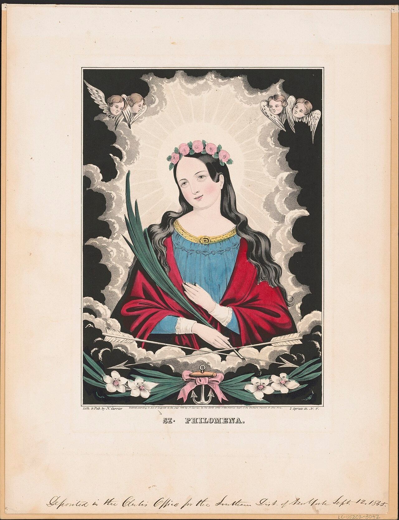 Litografía coloreada a mano que representa a Santa Filomena.