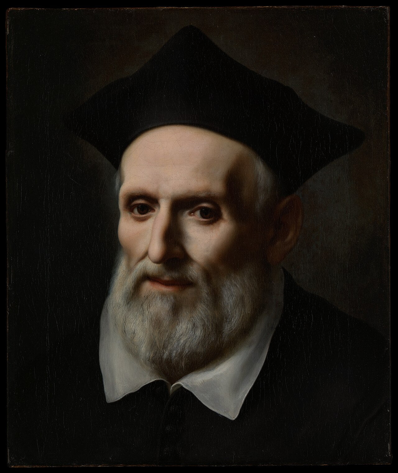 Pintura al óleo que representa el busto de San Felipe Neri con vestiduras eclesiásticas sobre fondo oscuro.