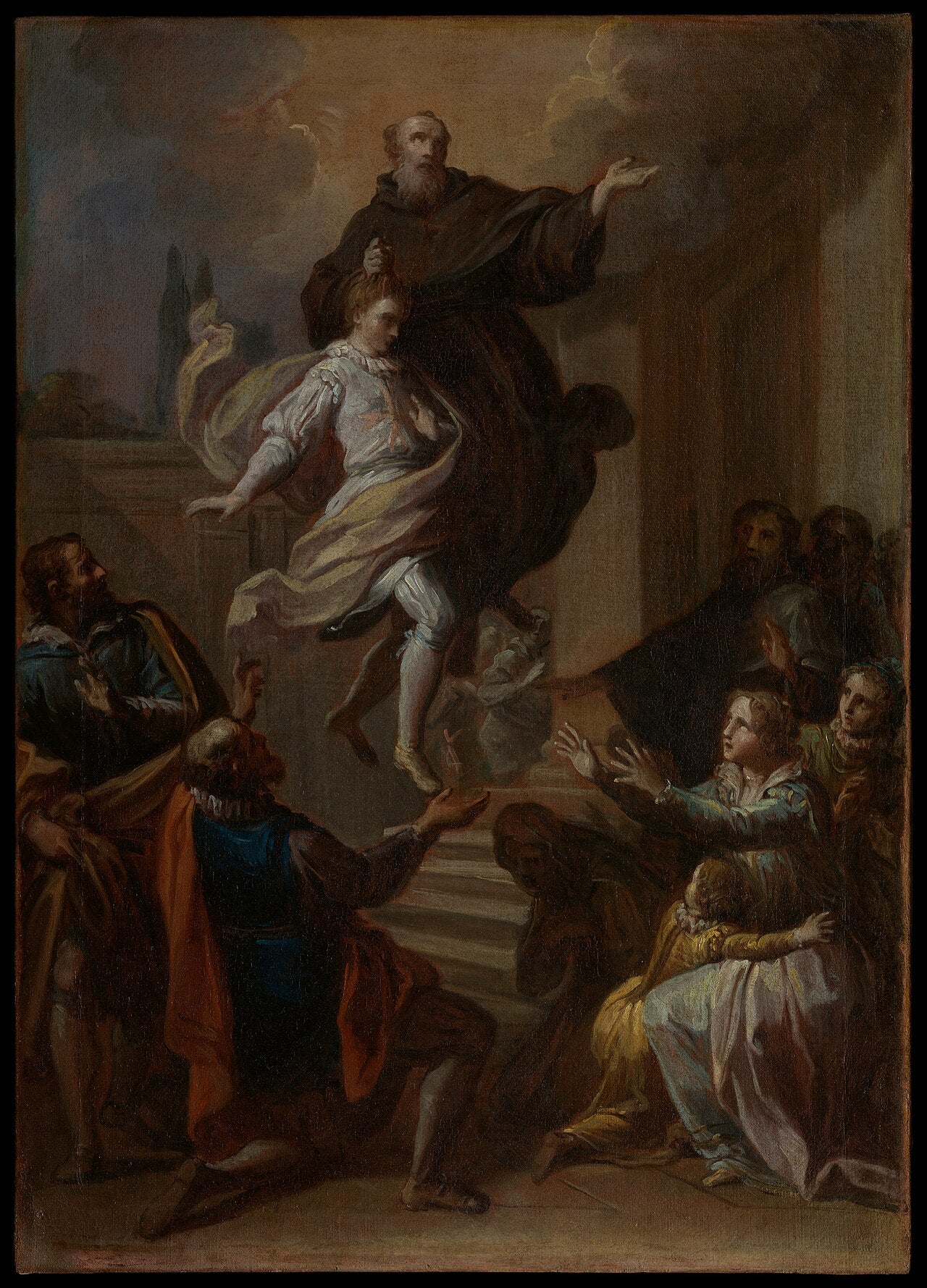 Pintura al óleo que representa a San José de Cupertino en levitación durante un milagro, rodeado de figuras y religiosos.
