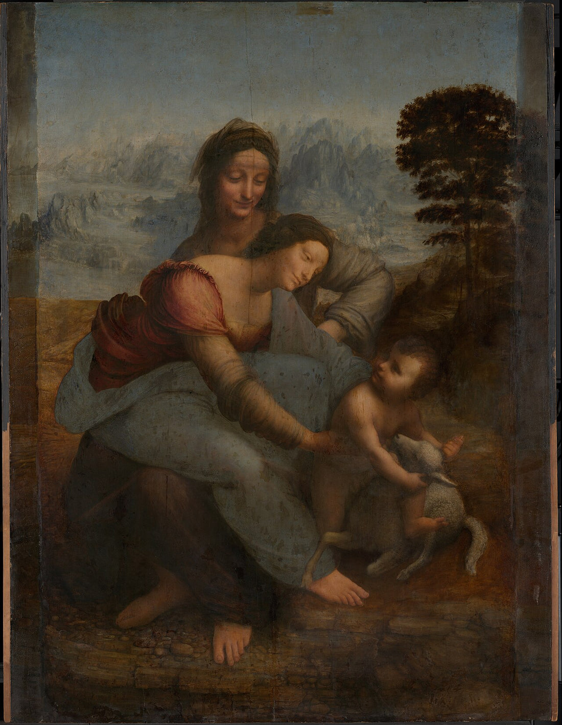 Pintura que representa a Santa Ana sentada con la Virgen María en su regazo y el Niño Jesús jugando con un cordero en un paisaje montañoso.