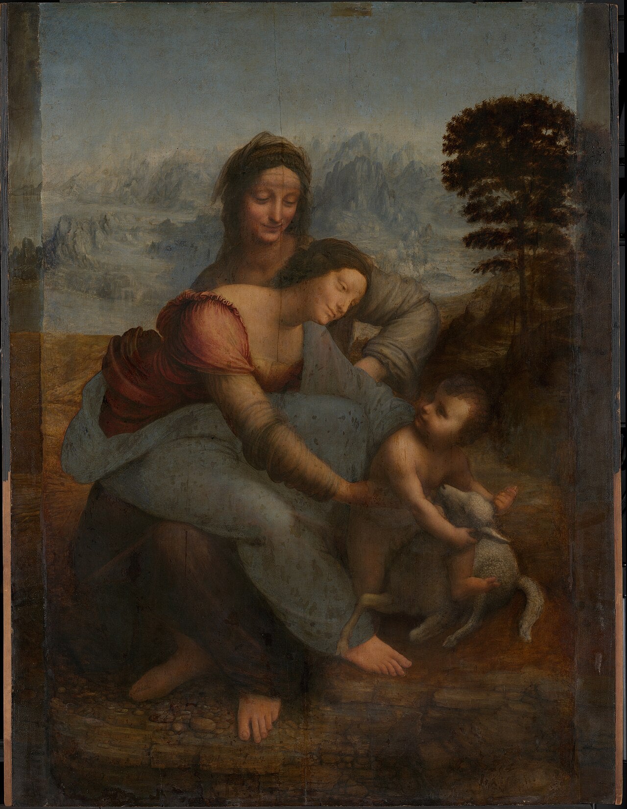 Pintura que representa a Santa Ana sentada con la Virgen María en su regazo y el Niño Jesús jugando con un cordero en un paisaje montañoso.