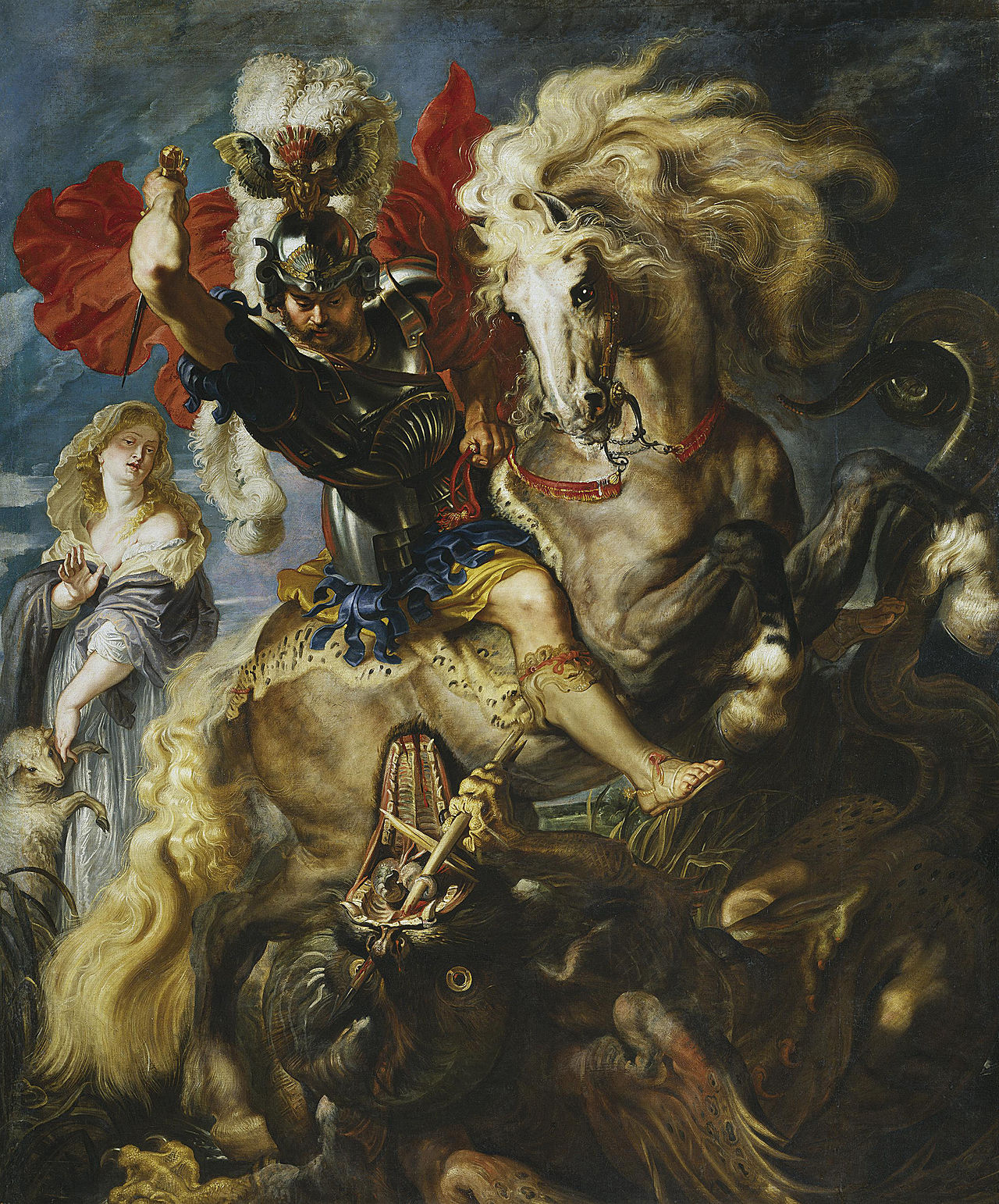 Pintura de San Jorge a caballo con armadura y espada levantada en combate contra un dragón.
