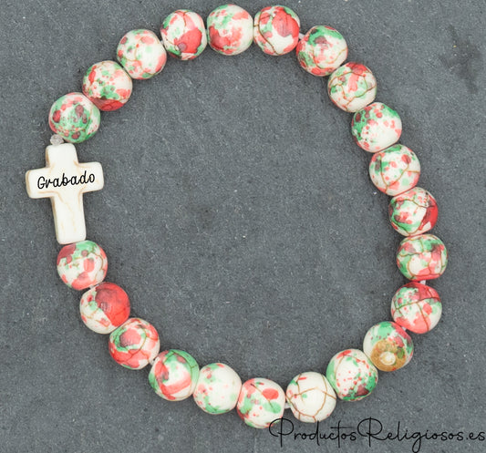 Pulsera de Cuentas de Piedra de Colores Vivos y Crus Tono Hueso