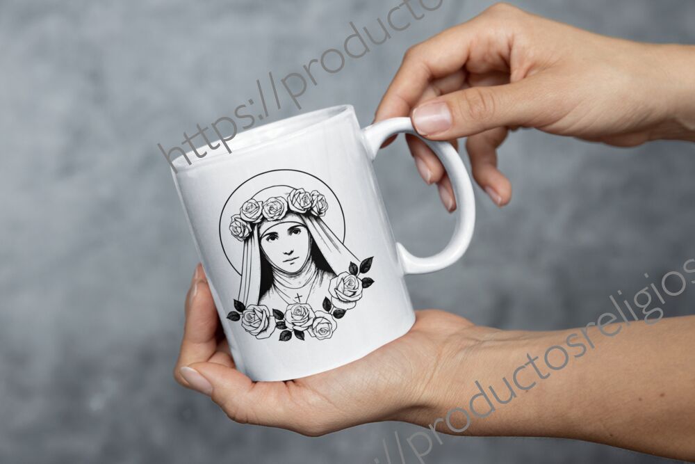 Detalle de ilustración lineal de Santa Rosa con corona de rosas en taza blanca.