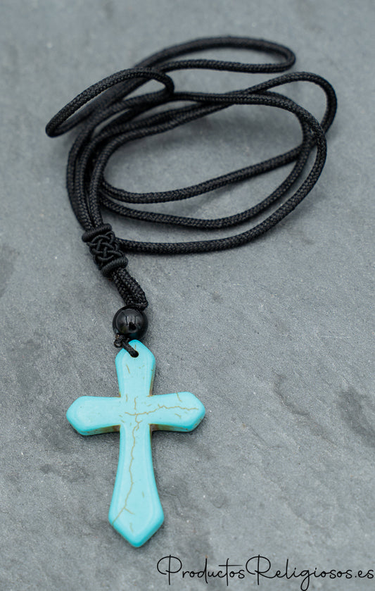 Colgante de Cruz de Piedra con Cordón Cruz Grande Azul