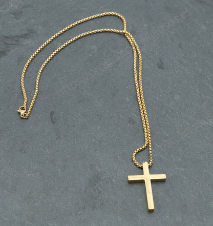 Collar Cruz Grabado y Personalizado (plano ambas caras) Dorado 40mm x 28mm Plano