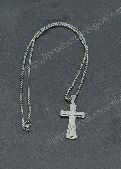 Collar Cruz Grabado y Personalizado (plano ambas caras) Plateado 43mm x 25mm Texturizado Frontal