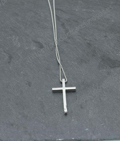 Collar Cruz Grabado y Personalizado (plano ambas caras) Plateado 50mm x 30mm Plana Estrecha