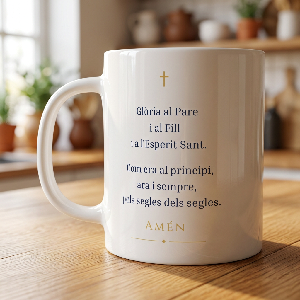 Taza de la oración del Gloria en Català sobre una mesa de madera