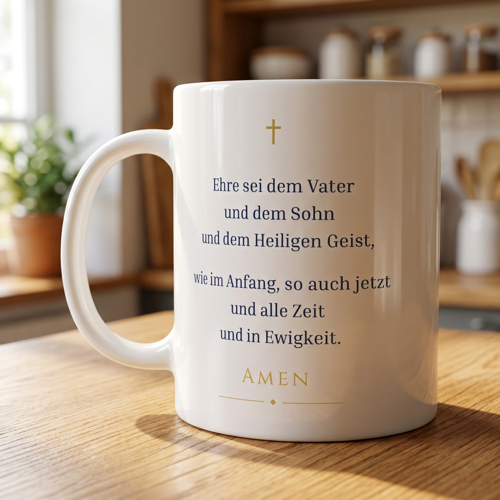 Taza de la oración del Gloria en Deutsch sobre una mesa de madera