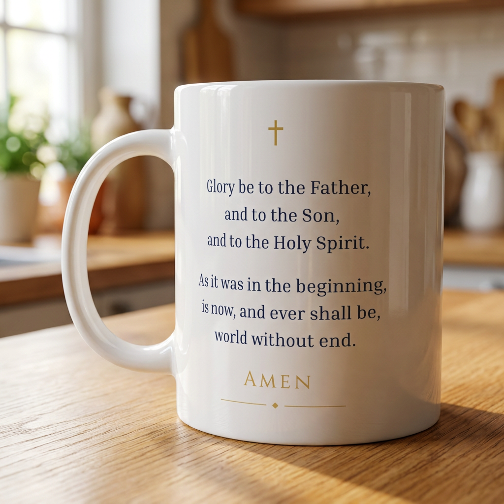 Taza de la oración del Gloria en English sobre una mesa de madera