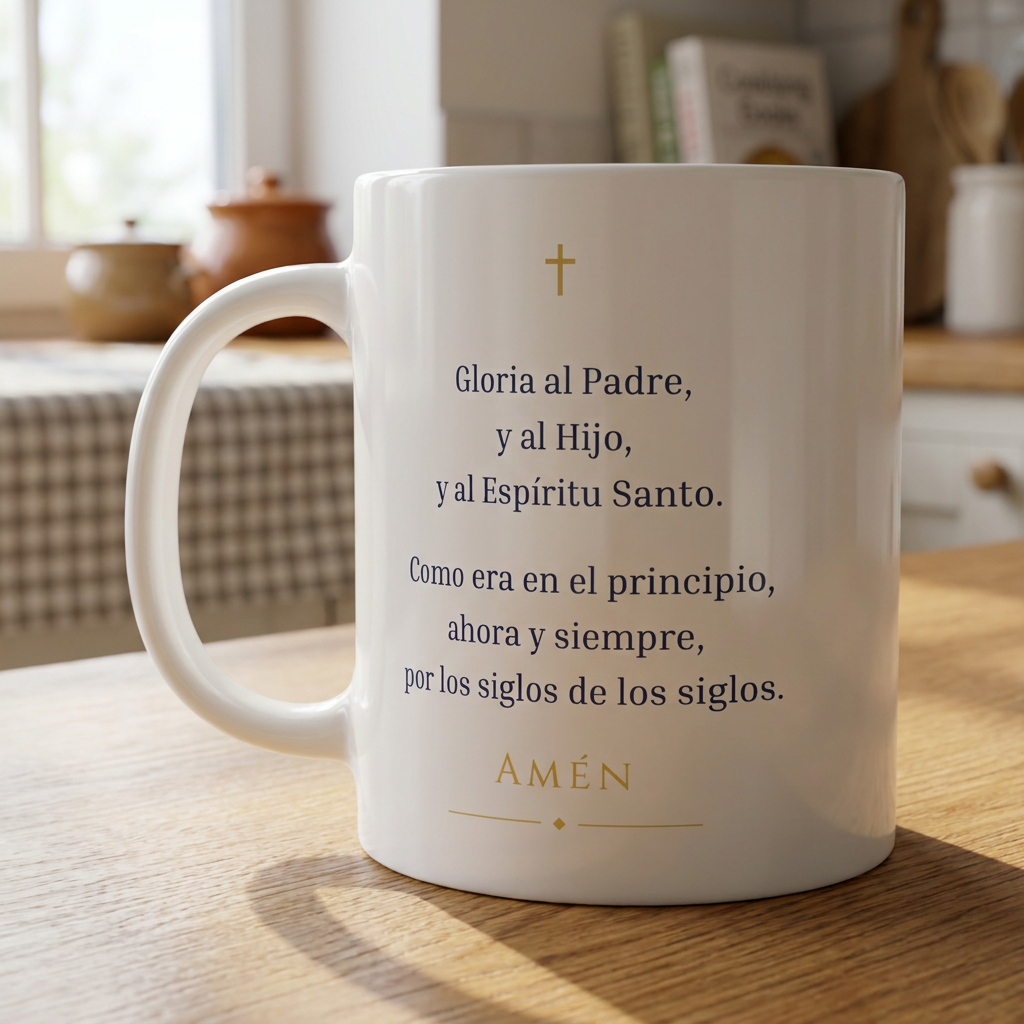 Taza de la oración del Gloria en Español sobre una mesa de madera