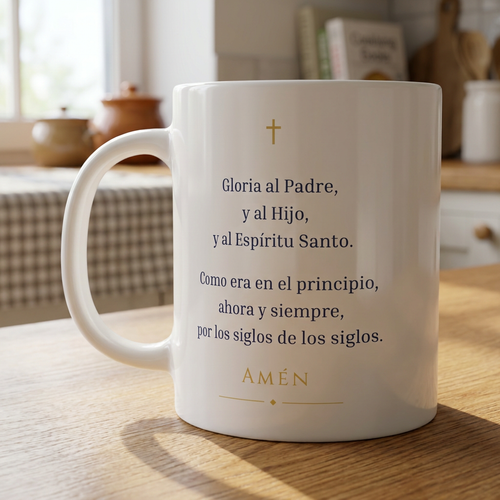 Taza de la oración del Gloria en Español sobre una mesa de madera
