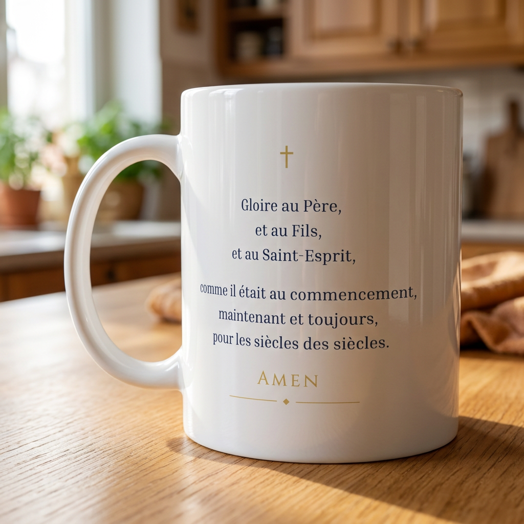 Taza de la oración del Gloria en Français sobre una mesa de madera