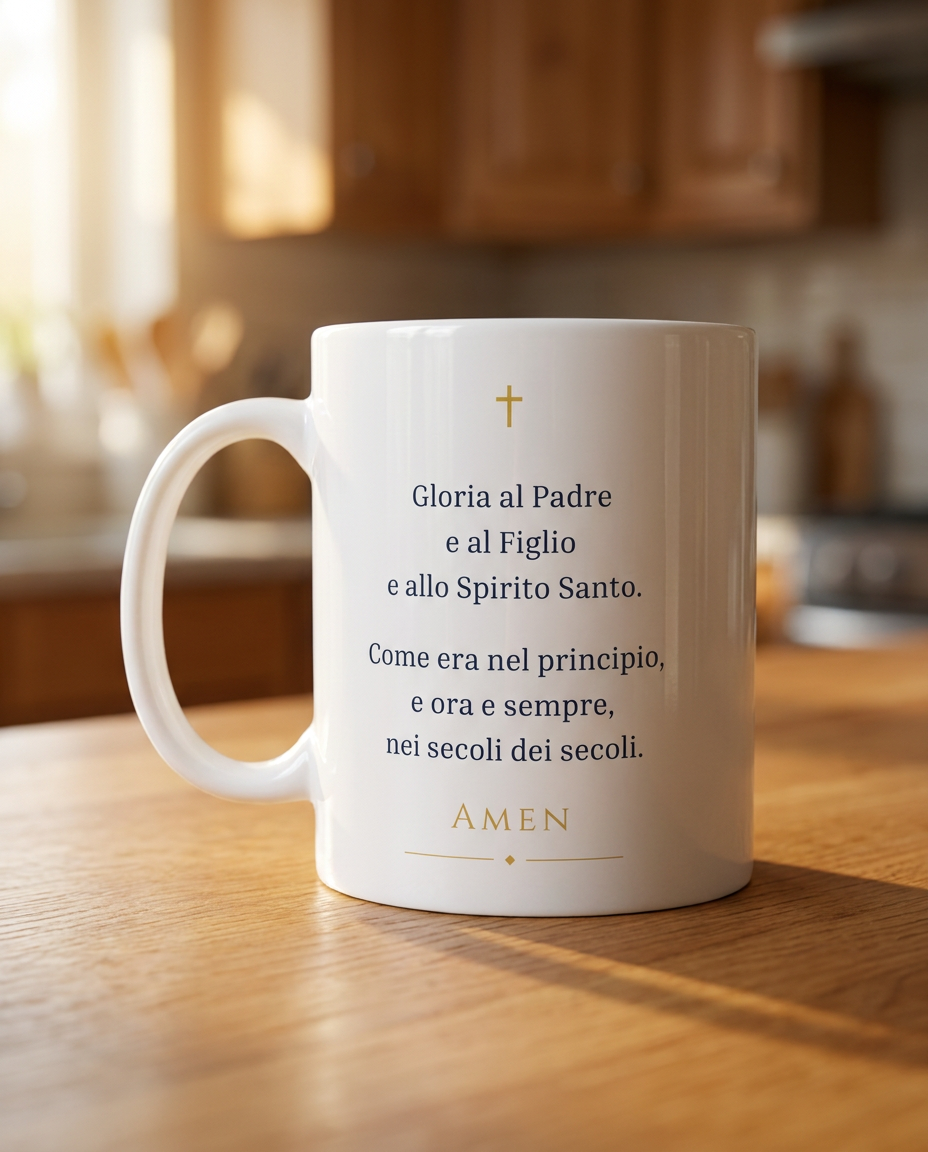 Taza de la oración del Gloria en Italiano sobre una mesa de madera