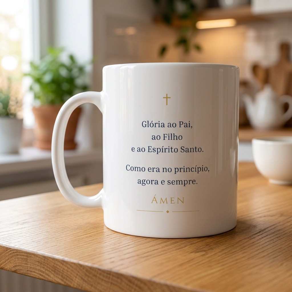 Taza de la oración del Gloria en Português sobre una mesa de madera