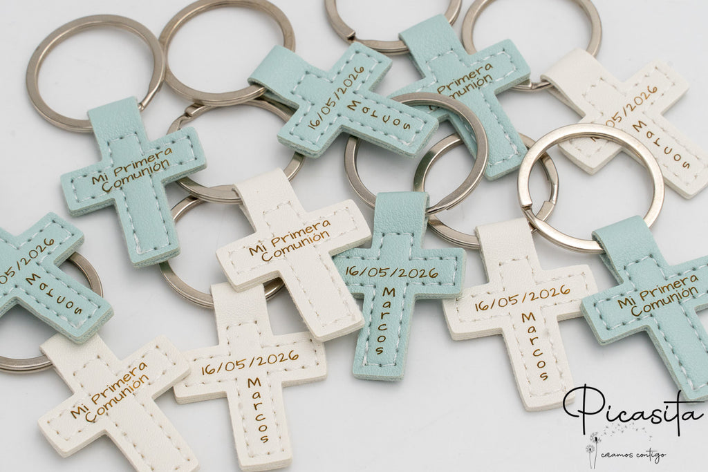 Llavero de Cruz de Cuero Sintético Personalizado Azul