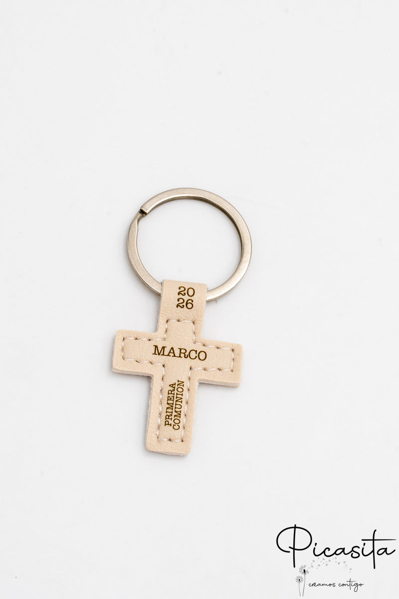 Llavero de Cruz de Cuero Sintético Personalizado Beige