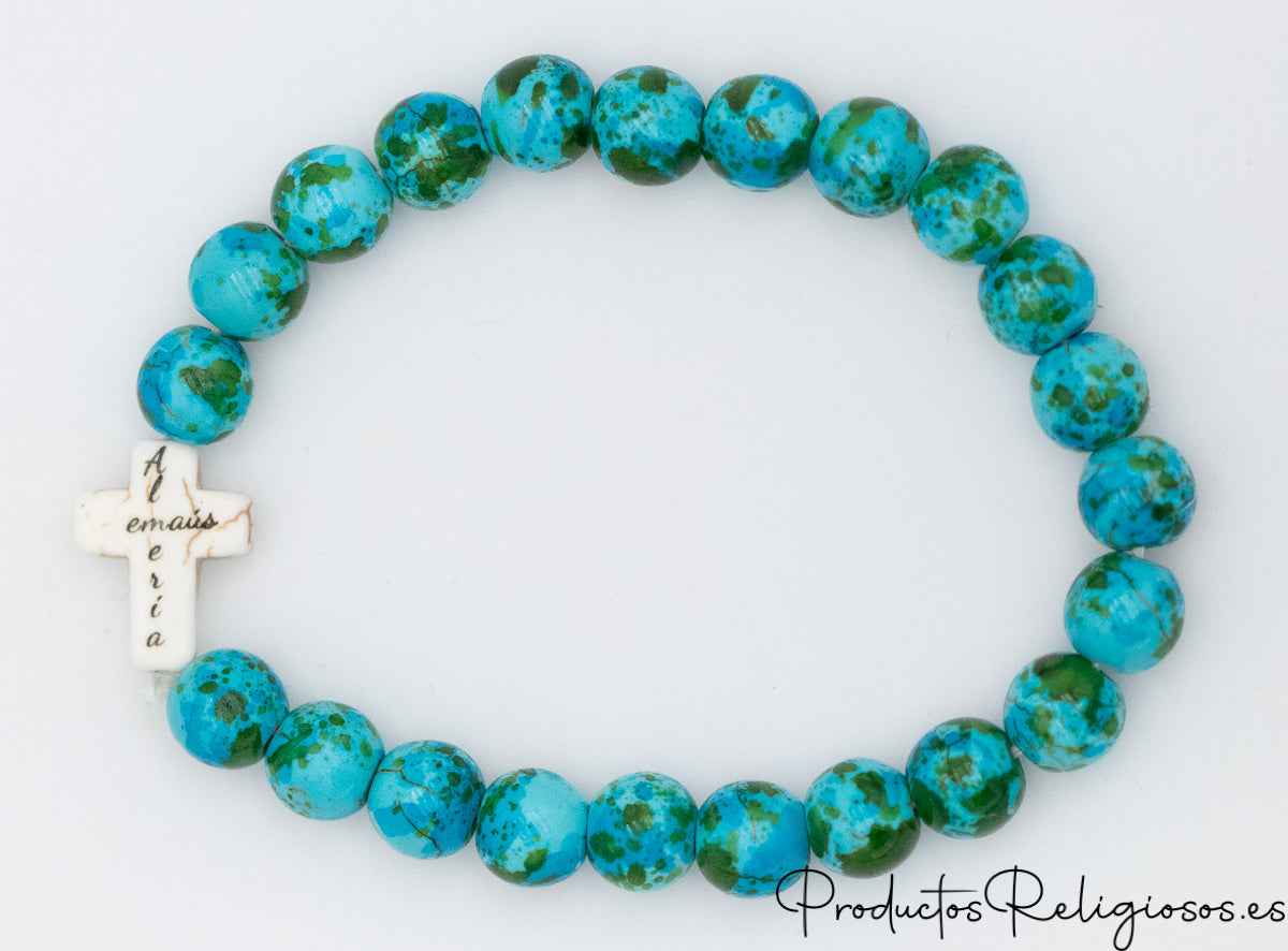 Pulsera de Cuentas de Piedra de Colores Vivos y Cruz Tono Hueso
