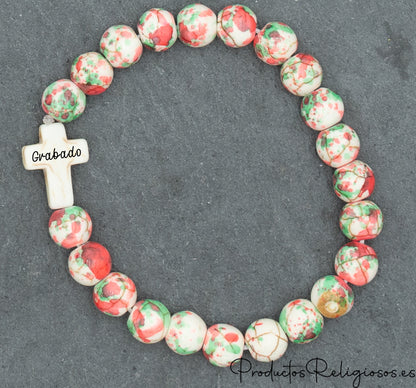 Pulsera de Cuentas de Piedra de Colores Vivos y Cruz Tono Hueso Multicolor