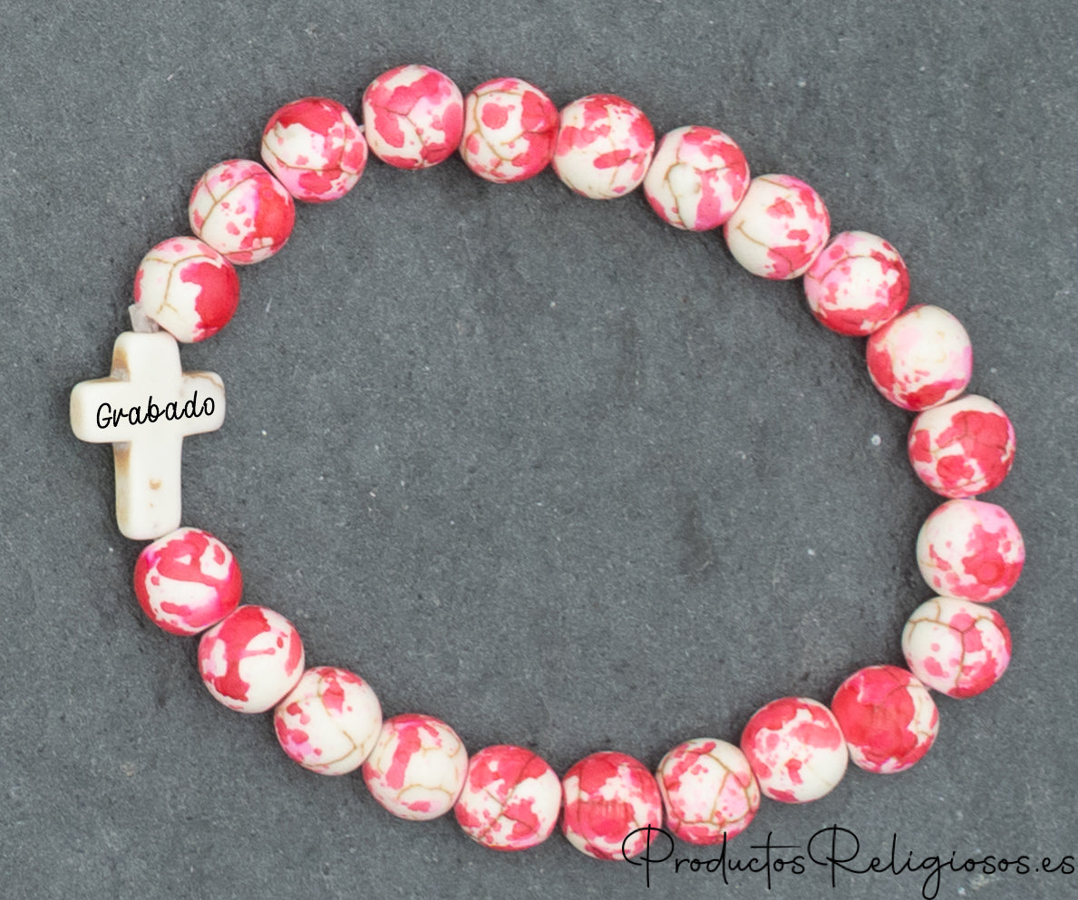 Pulsera de Cuentas de Piedra de Colores Vivos y Cruz Tono Hueso Rosa