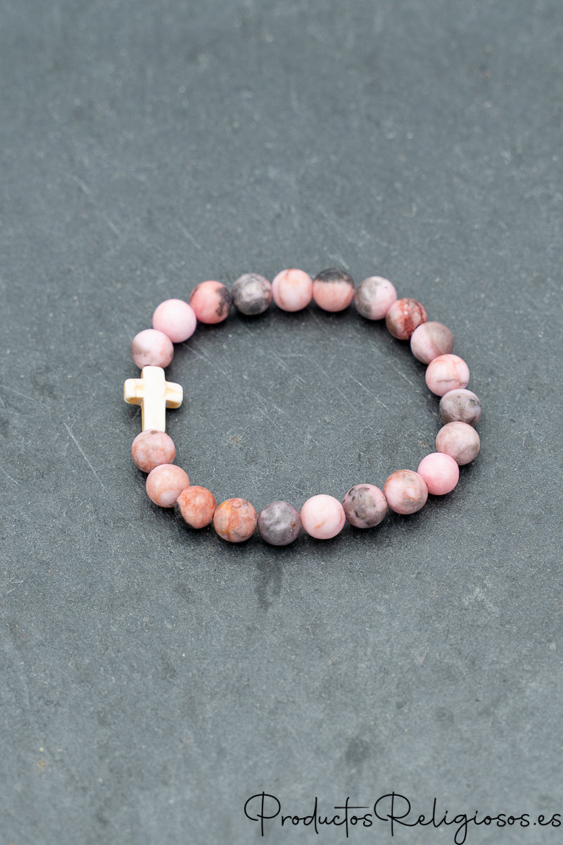 Pulsera de Cuentas de Piedra Natural y Cruz Tono Hueso