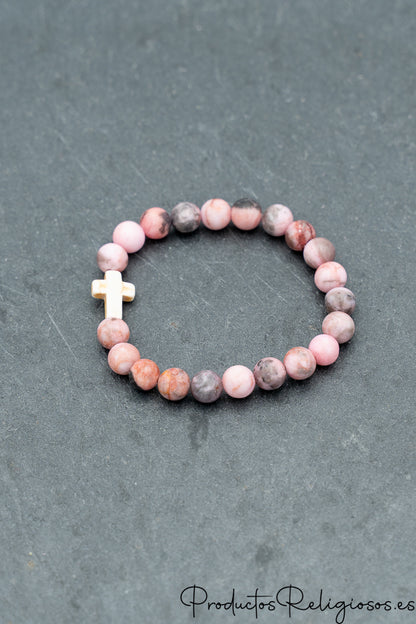 Pulsera de Cuentas de Piedra Natural y Cruz Tono Hueso