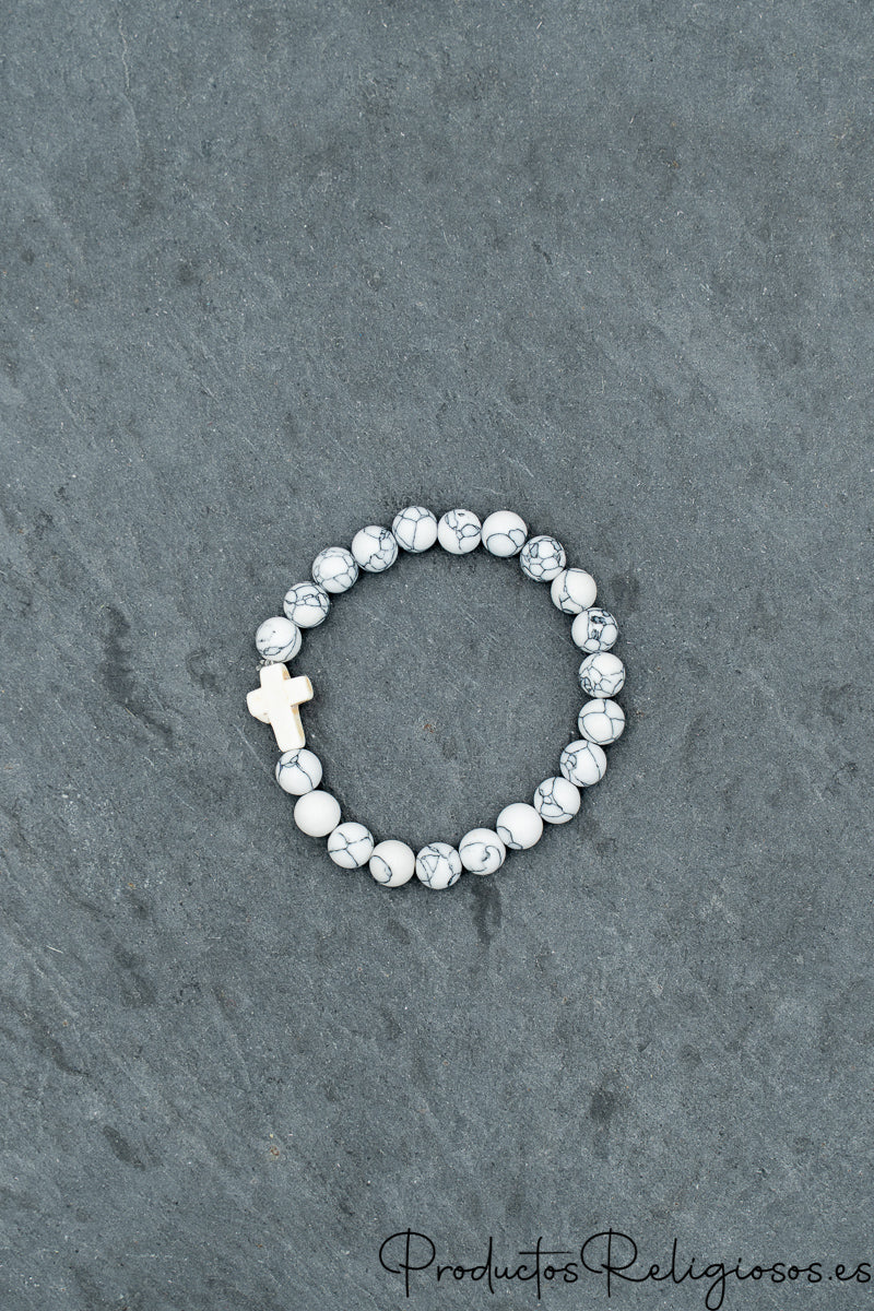 Pulsera de Cuentas de Piedra Natural y Cruz Tono Hueso