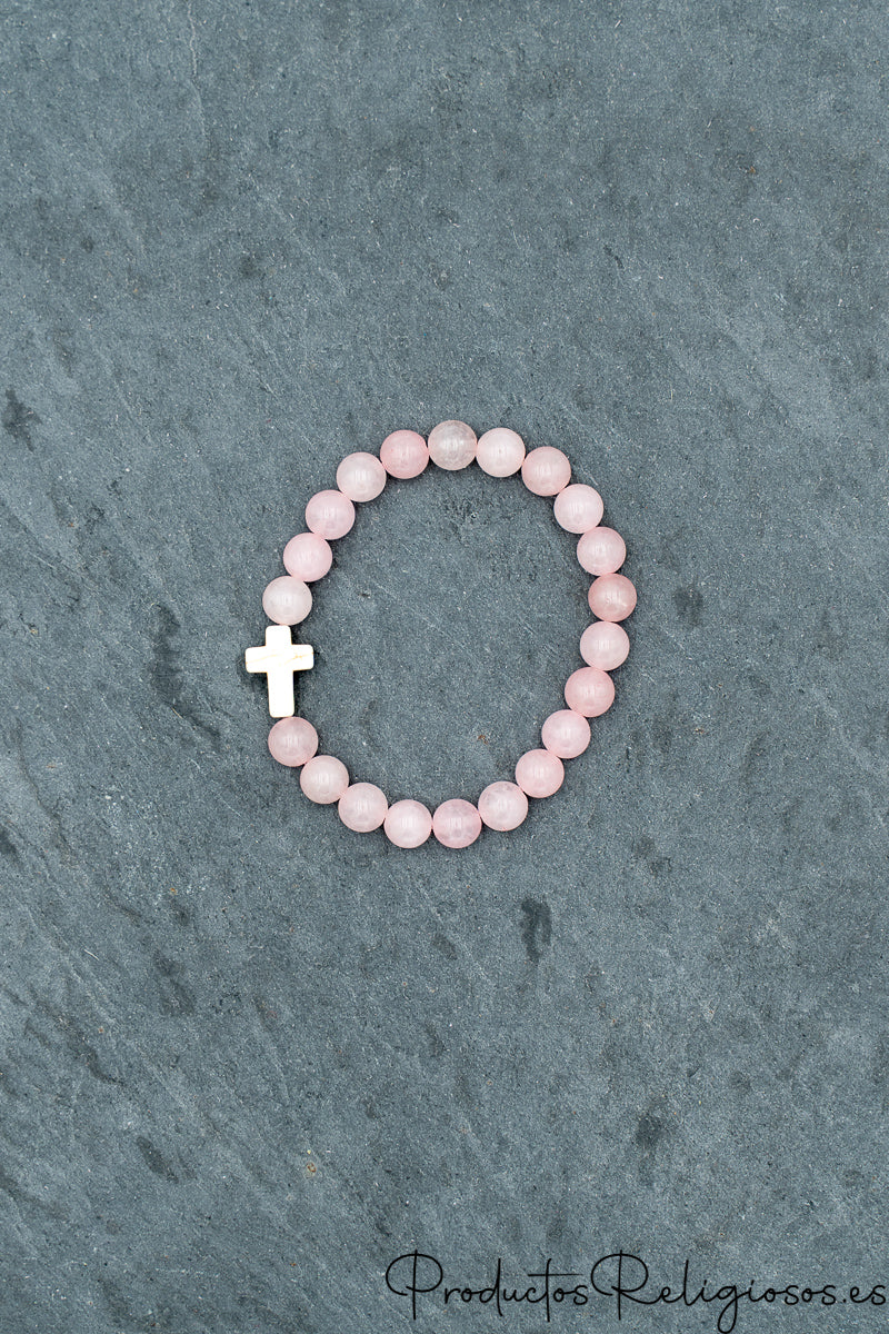 Pulsera de Cuentas de Piedra Natural y Cruz Tono Hueso