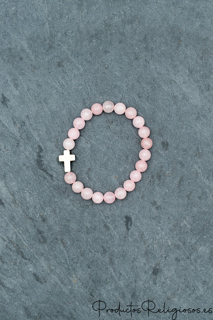 Pulsera de Cuentas de Piedra Natural y Cruz Tono Hueso