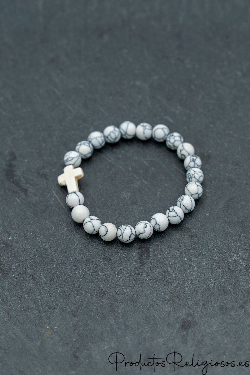 Pulsera de Cuentas de Piedra Natural y Cruz Tono Hueso Blanco