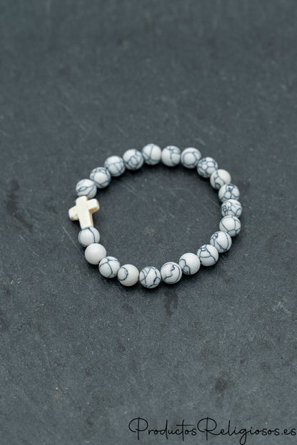 Pulsera de Cuentas de Piedra Natural y Cruz Tono Hueso Blanco