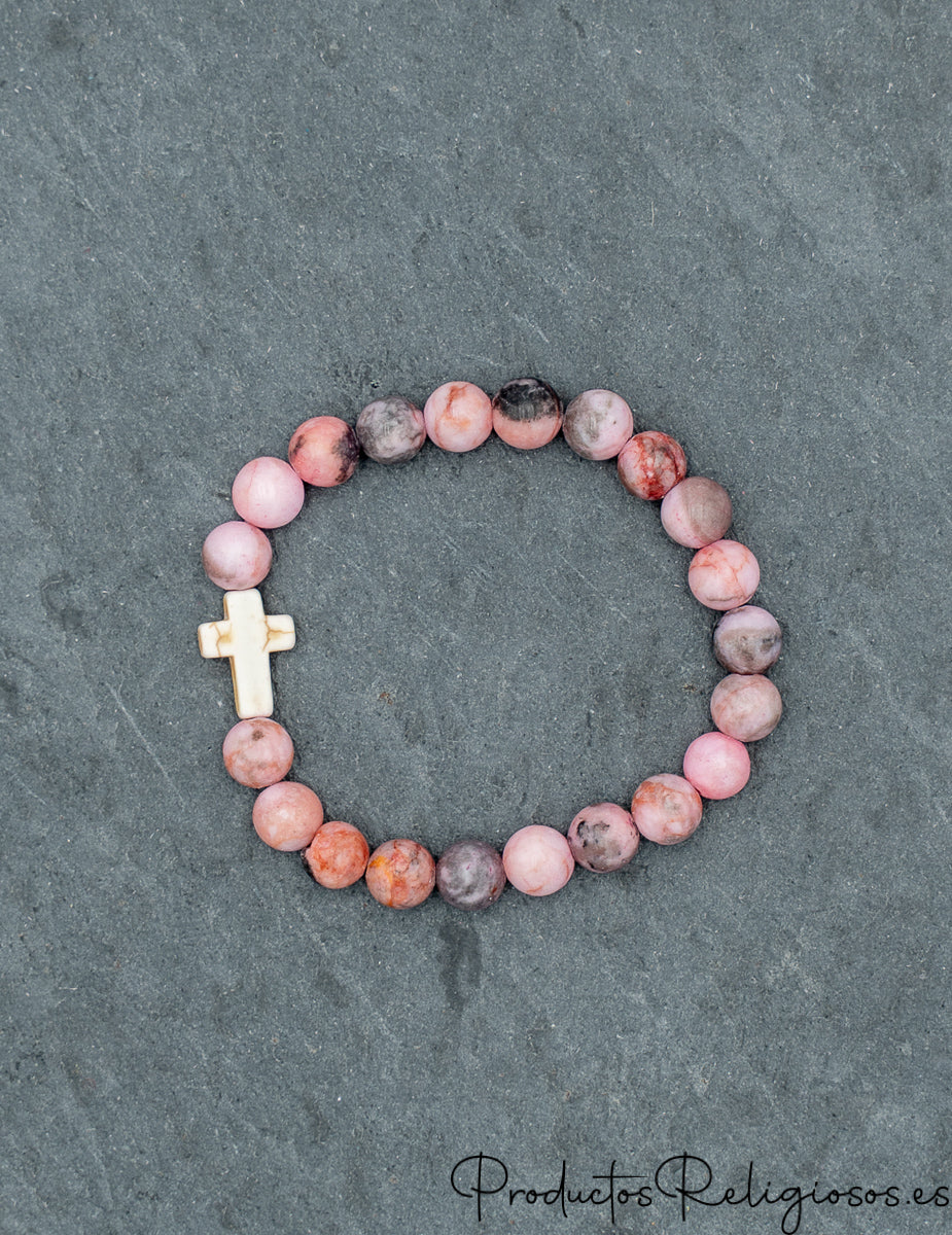 Pulsera de Cuentas de Piedra Natural y Cruz Tono Hueso Coral