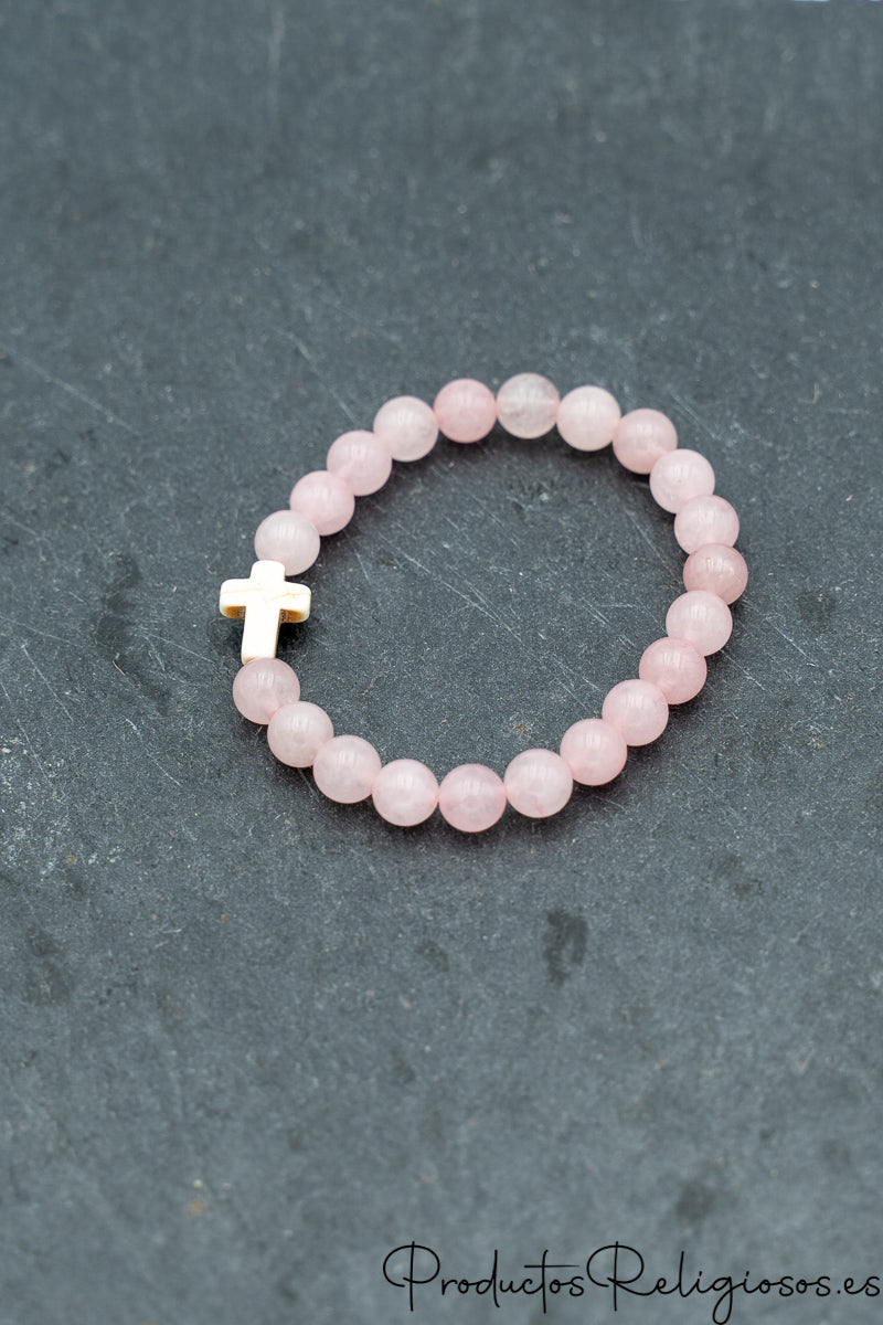 Pulsera de Cuentas de Piedra Natural y Cruz Tono Hueso Rosa