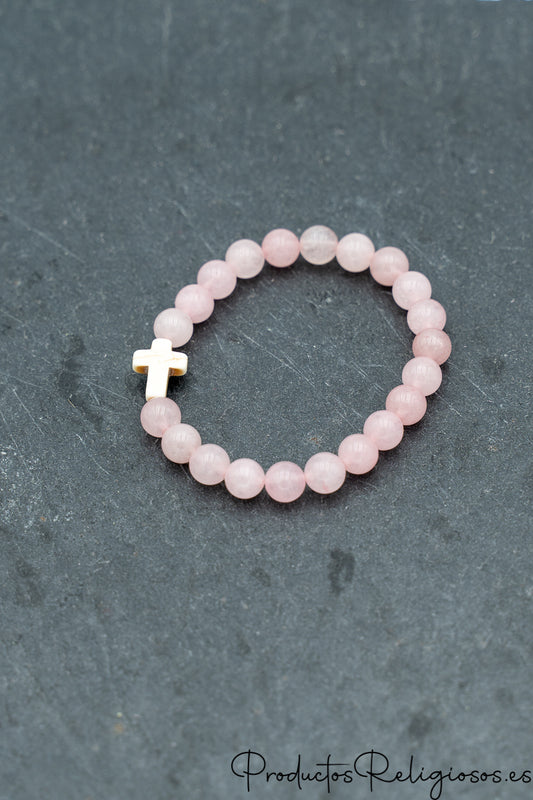 Pulsera de Cuentas de Piedra Natural y Cruz Tono Hueso Rosa