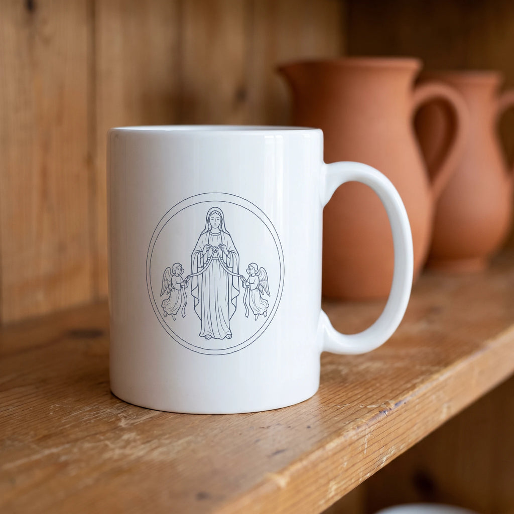Símbolo de «María Desatanudos» en la cara opuesta de la taza