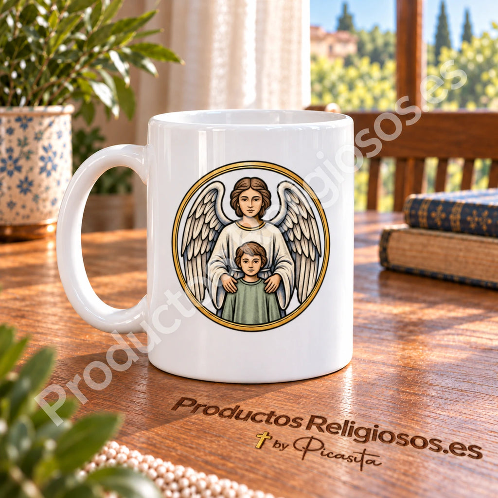 Prayer Mug · Guardian Angel, design 1 in colour. Illustration in a product scene.