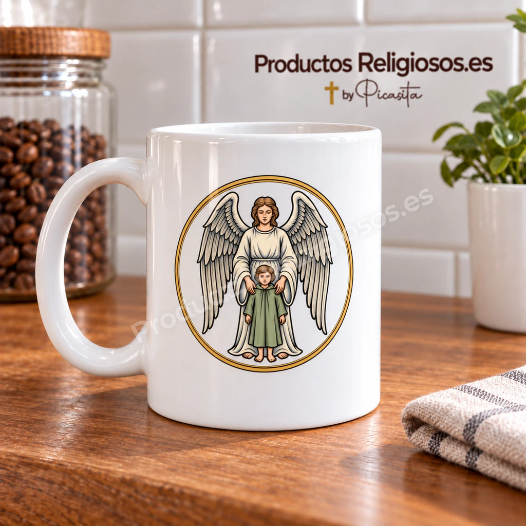 Prayer Mug · Guardian Angel, design 2 in colour. Illustration in a product scene.