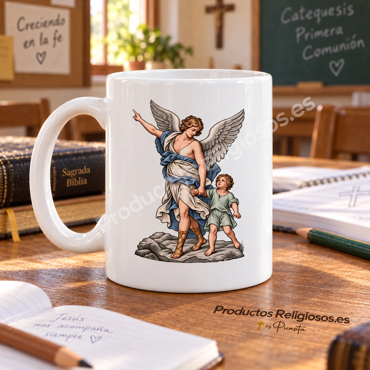 Prayer Mug · Guardian Angel, design 3 in colour. Illustration in a product scene.