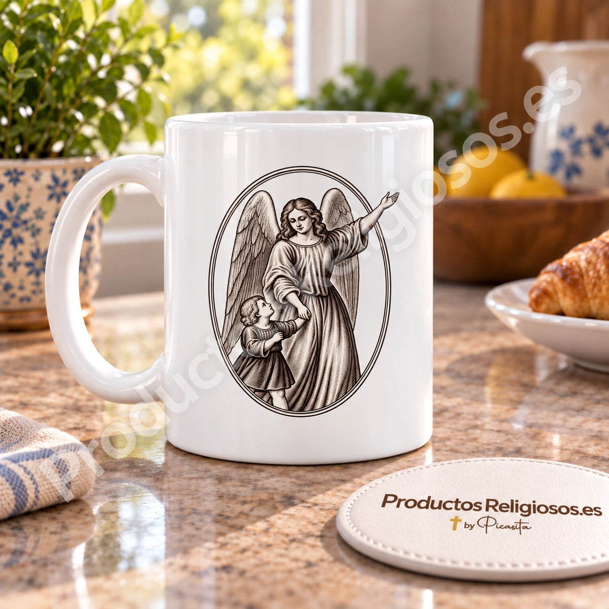 Prayer Mug · Guardian Angel, design 4 in dark ink. Illustration in a product scene.