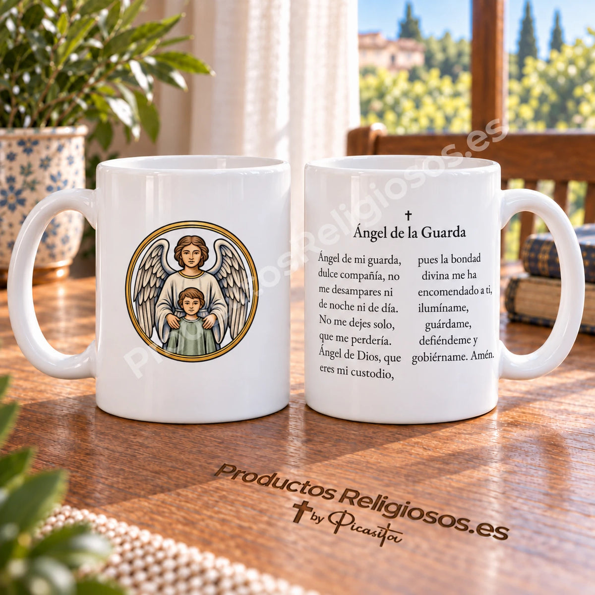 Prayer Mug · Guardian Angel, design 1 in colour. Two traditional Guardian Angel prayers in Spanish.