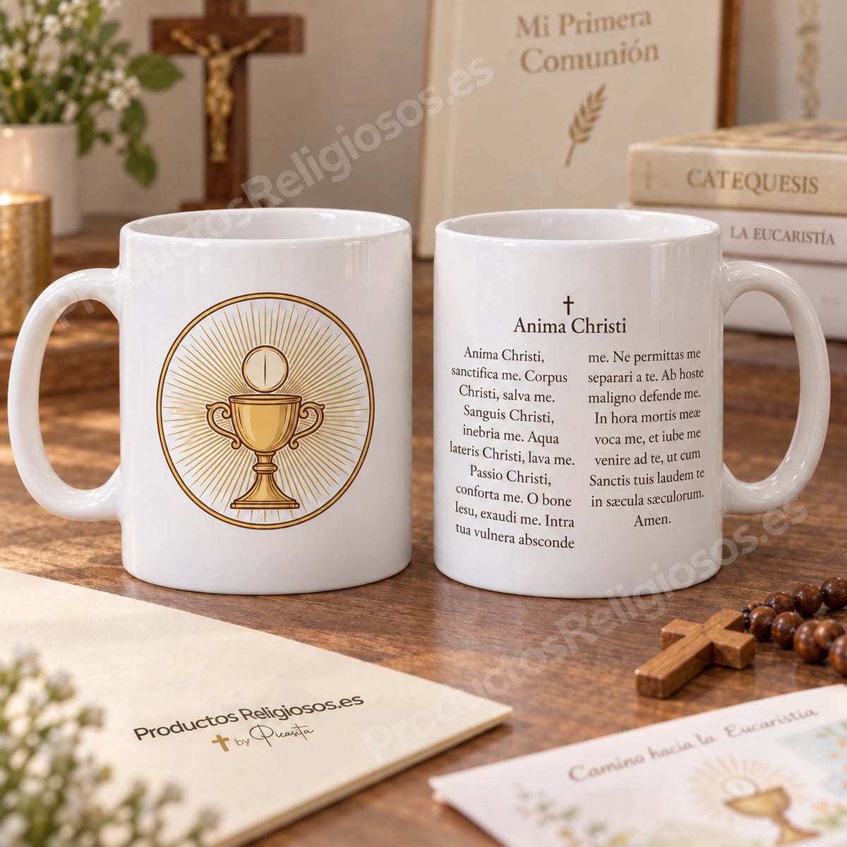 Prayer Mug · Anima Christi, design 1 in colour. Prayer in Latin. Illustration and reverse.