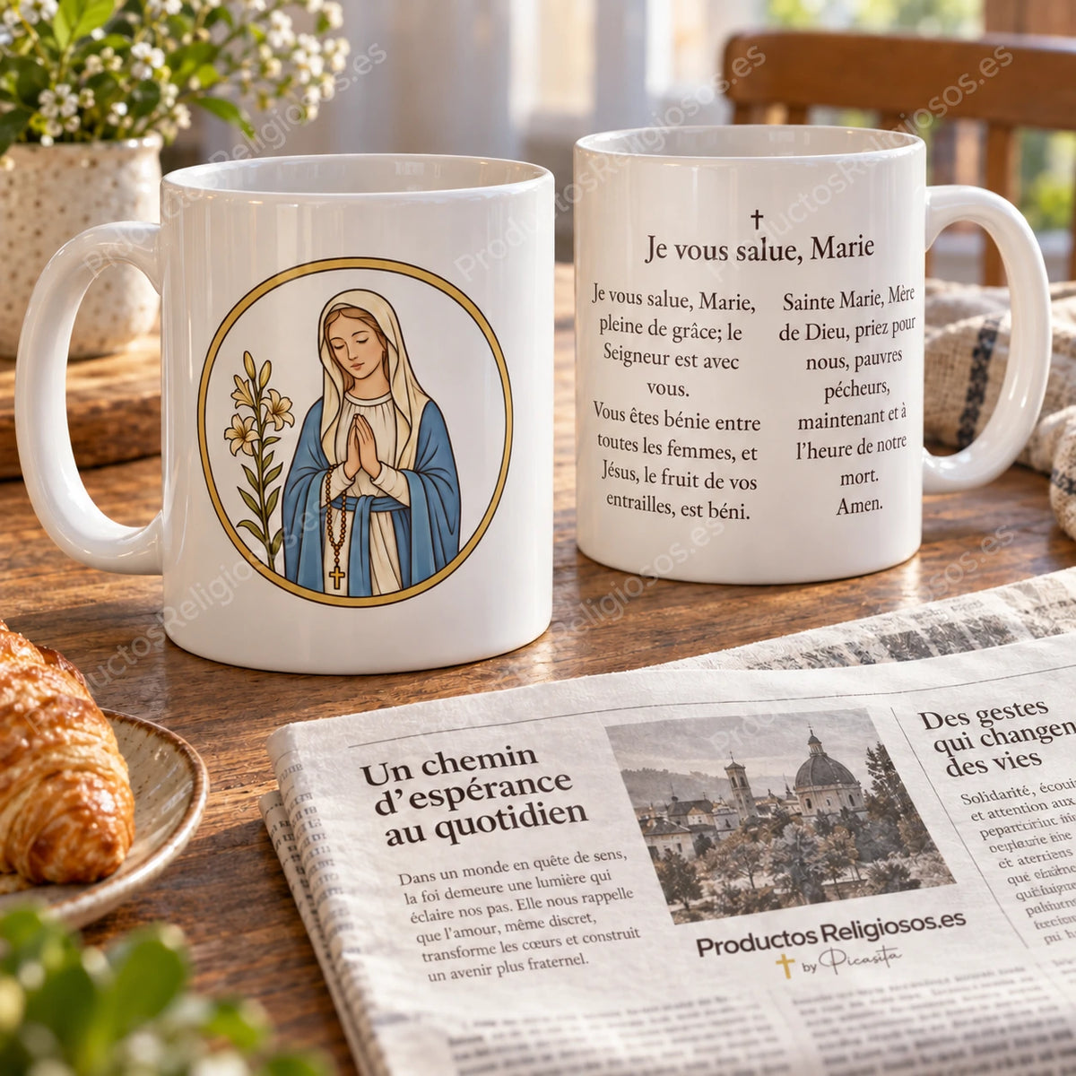 Prayer Mug · Hail Mary, design 1 in colour. Prayer in French. Illustration and reverse.