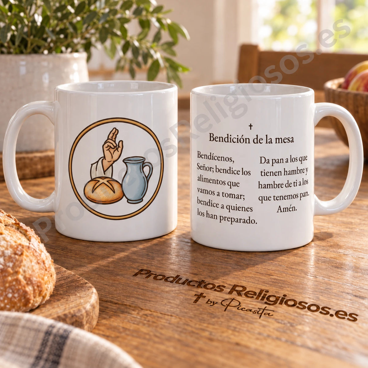 Taza de la oración · Bendición de la mesa, diseño 1 a color. Oración en español. Vistas de la ilustración y el reverso.