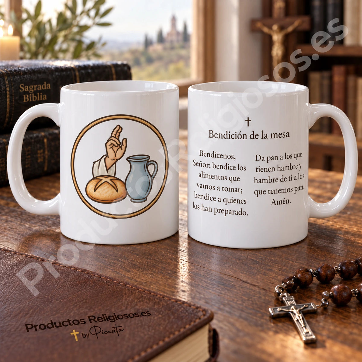 Taza de la oración · Bendición de la mesa, diseño 1 a color. Oración en español. Vistas de la ilustración y el reverso.