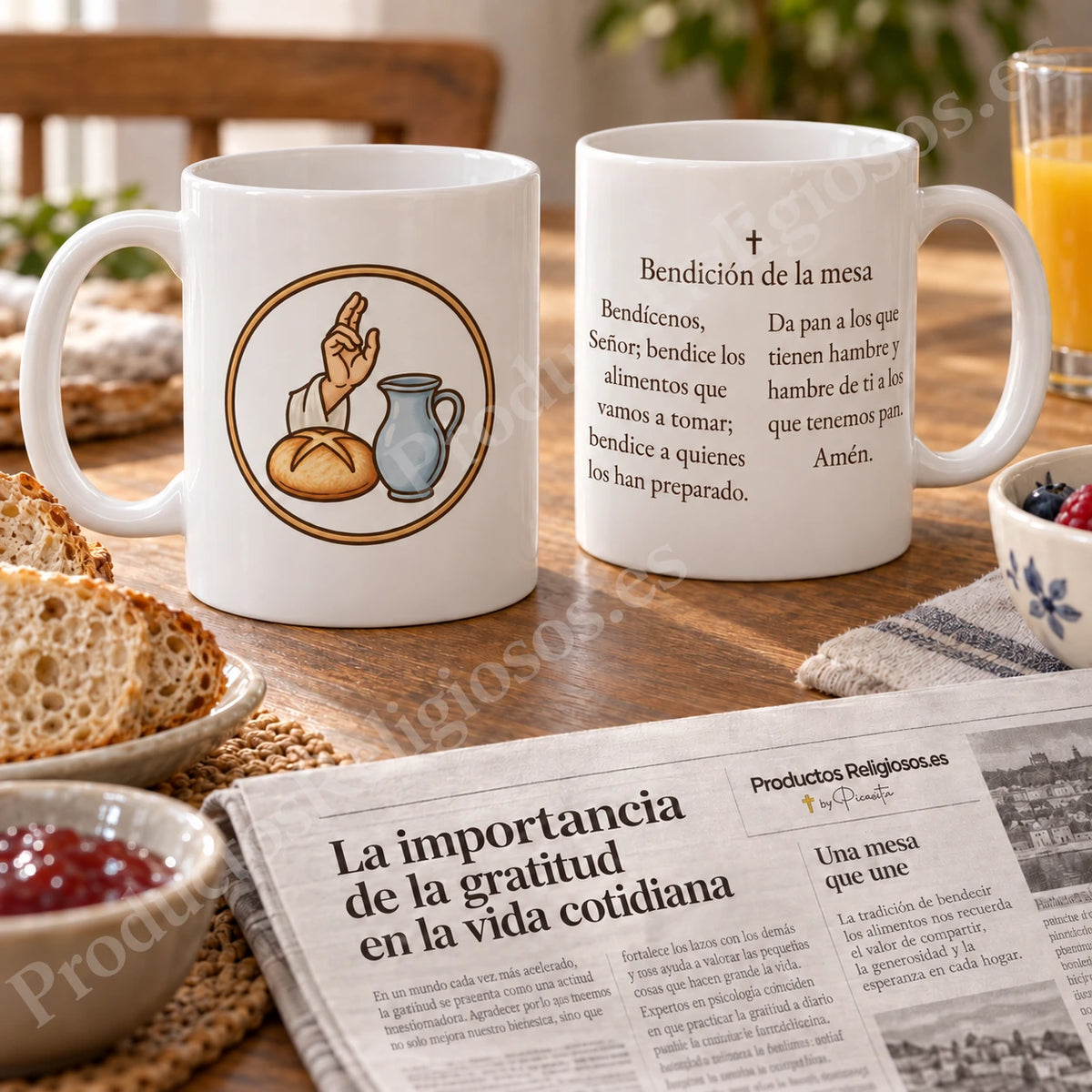 Taza de la oración · Bendición de la mesa, diseño 1 a color. Oración en español. Vistas de la ilustración y el reverso.