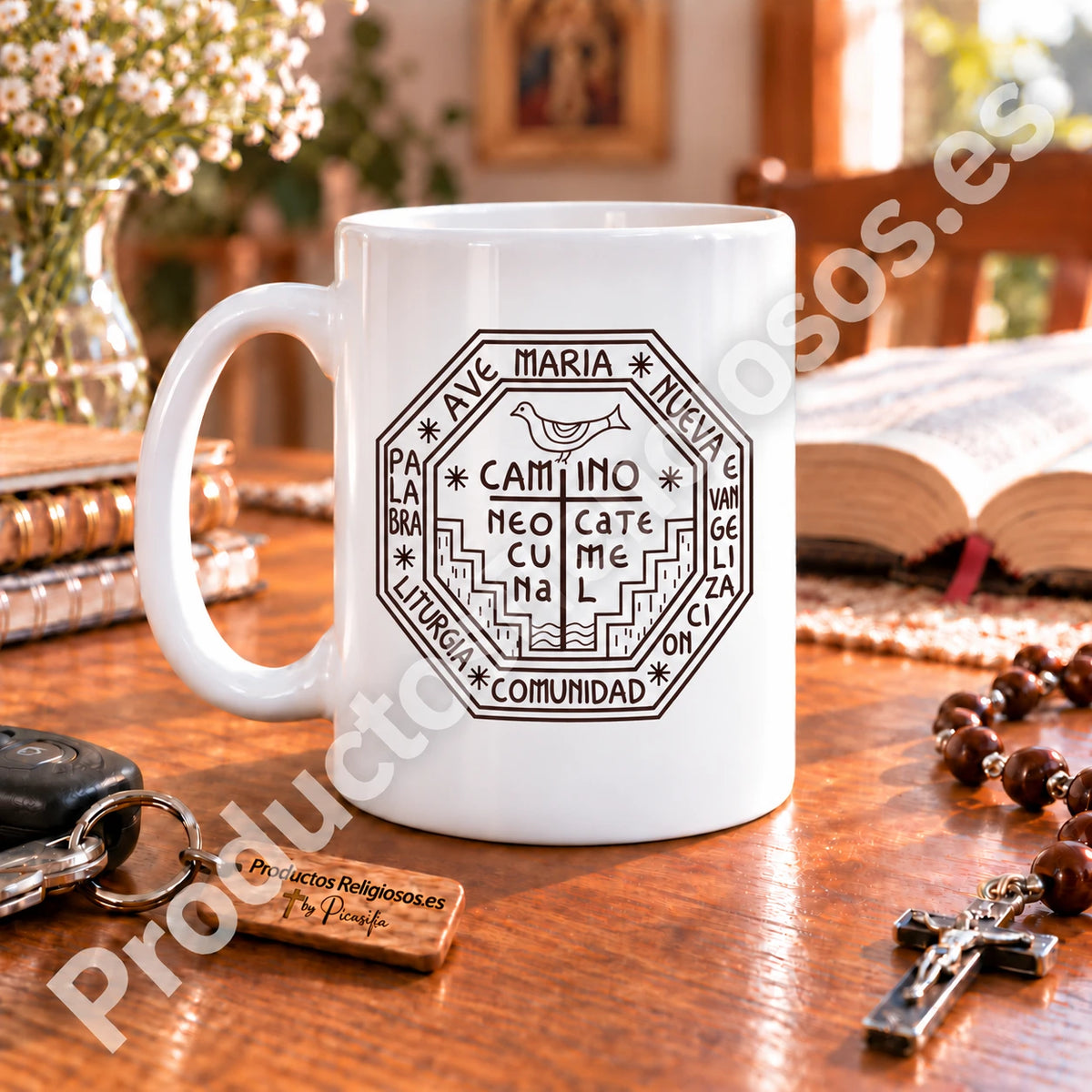 Tassa El Camí Neocatecumenal, disseny 1 en tinta fosca. Emblema i revers amb text en espanyol.