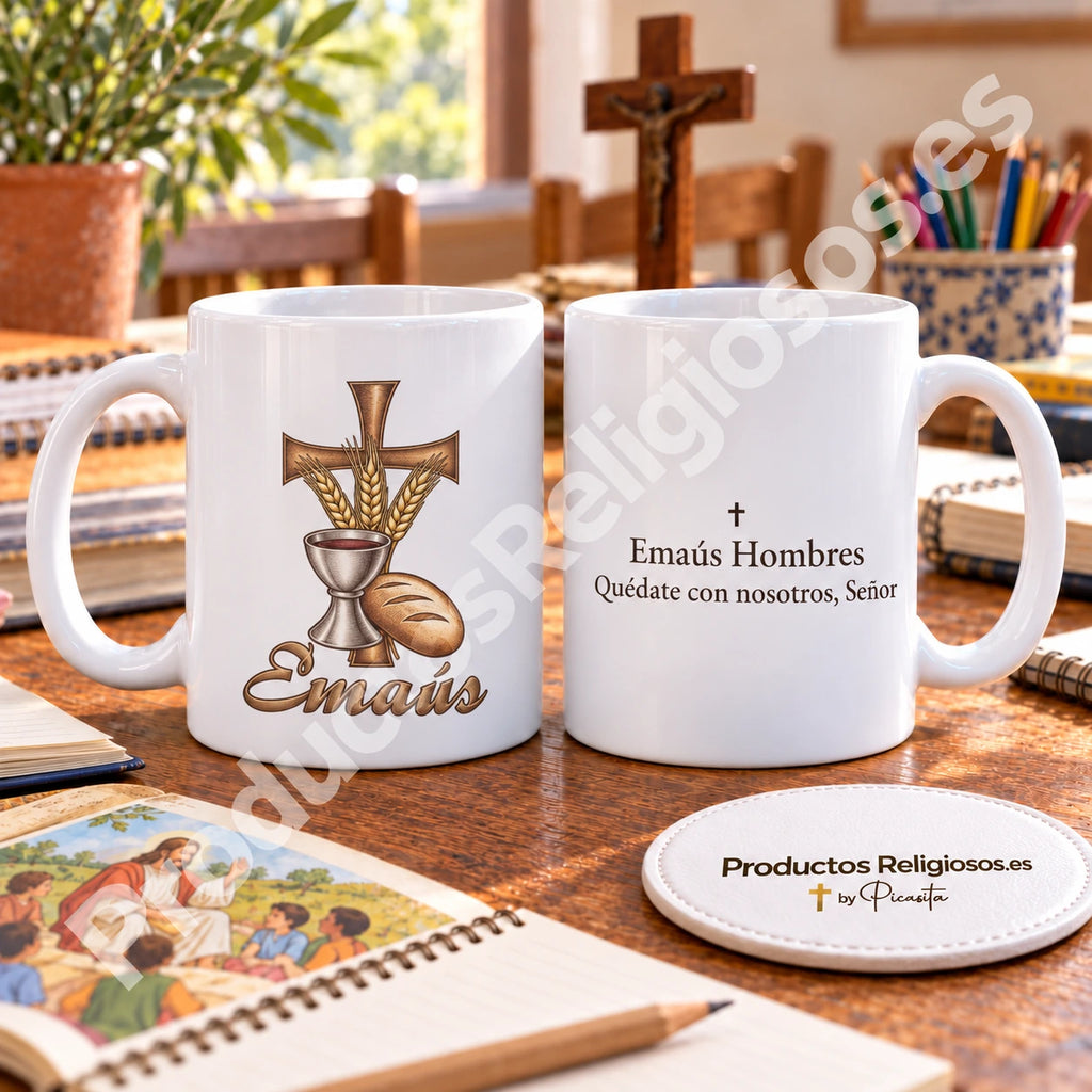 Emmaus Tasse für Männer, Motiv 2 in Farbe. Illustration und spanische Rückseite.